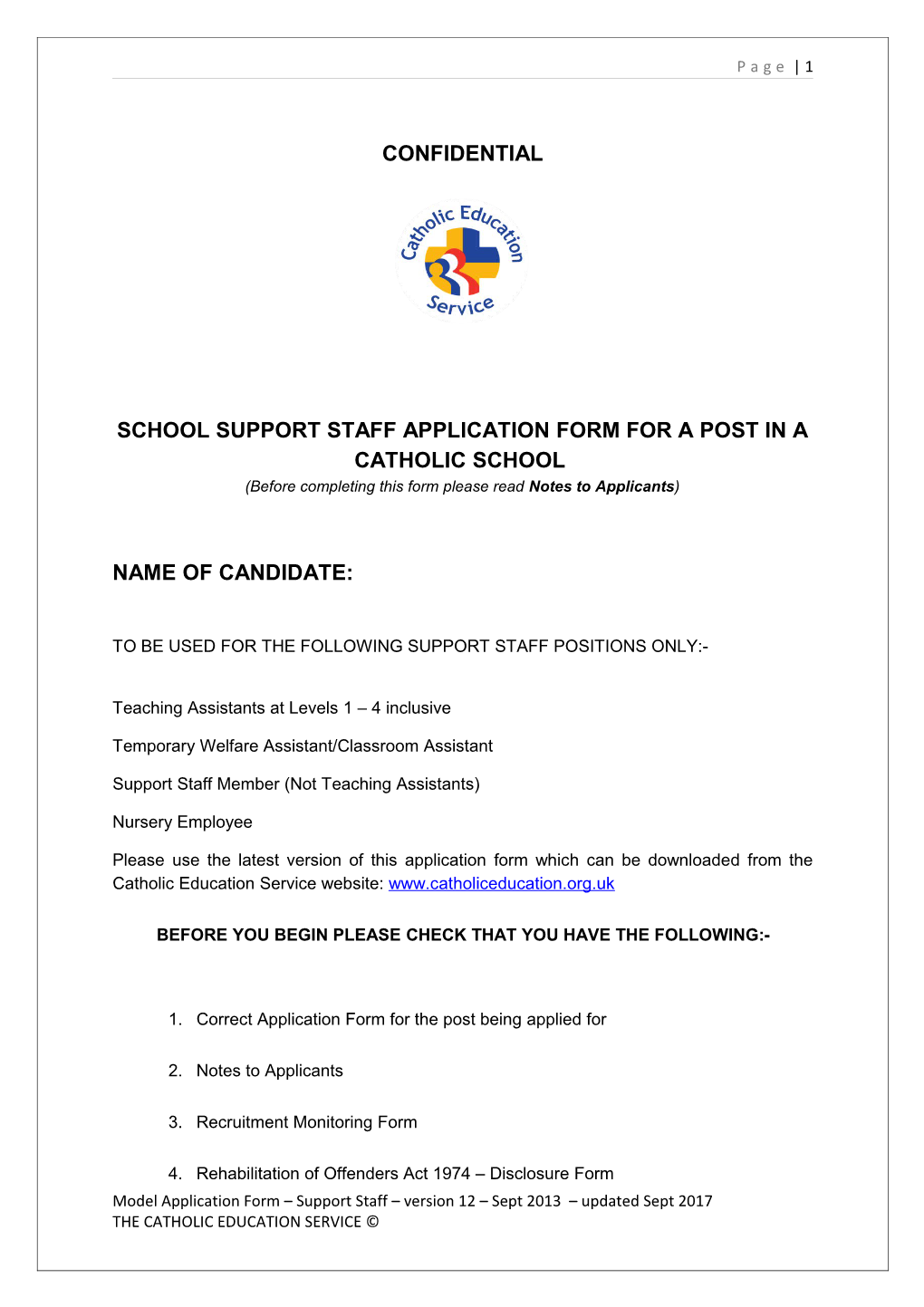 School Support Staff Application Form for a Post in a Catholic School s3