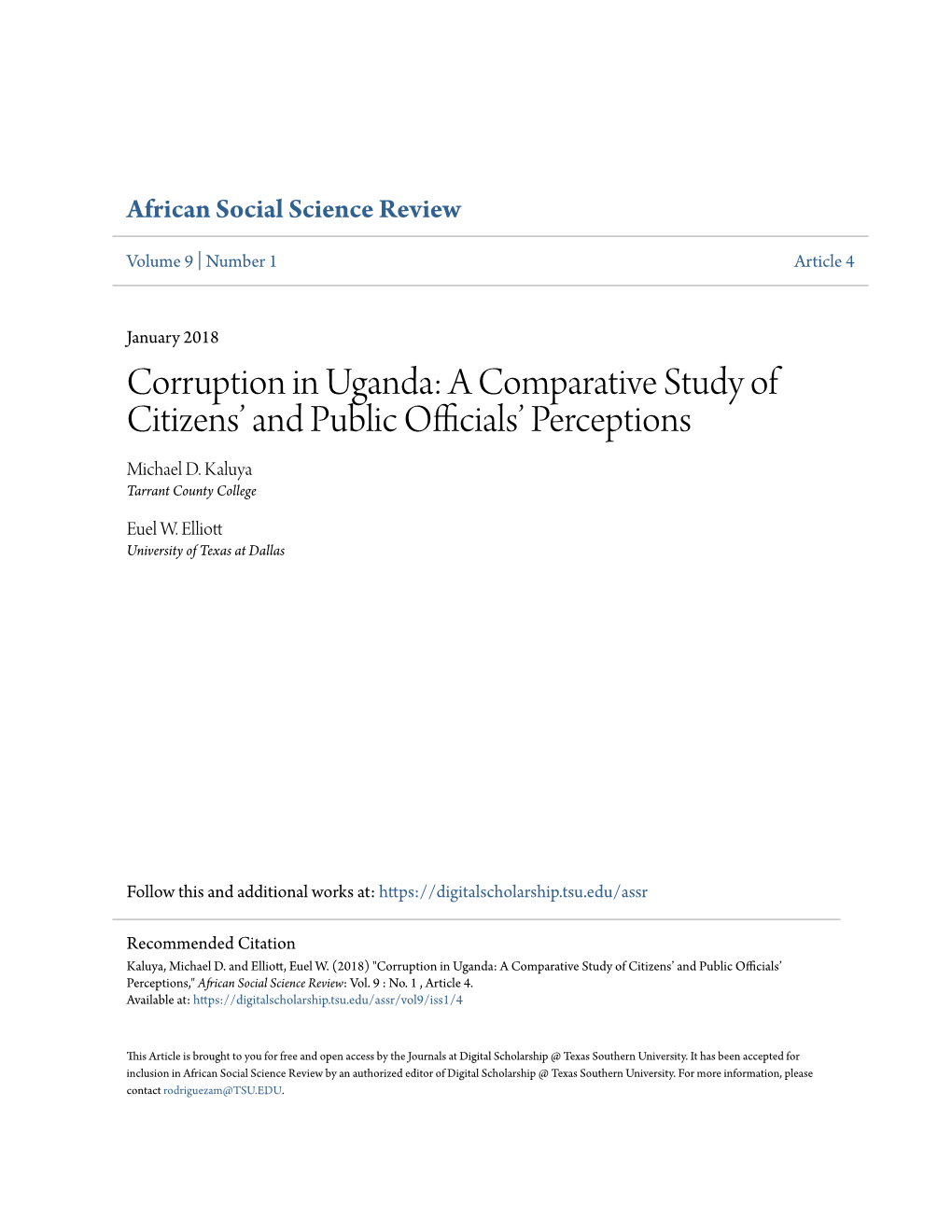 Corruption in Uganda: a Comparative Study of Citizens’ and Public Officials’ Perceptions Michael D