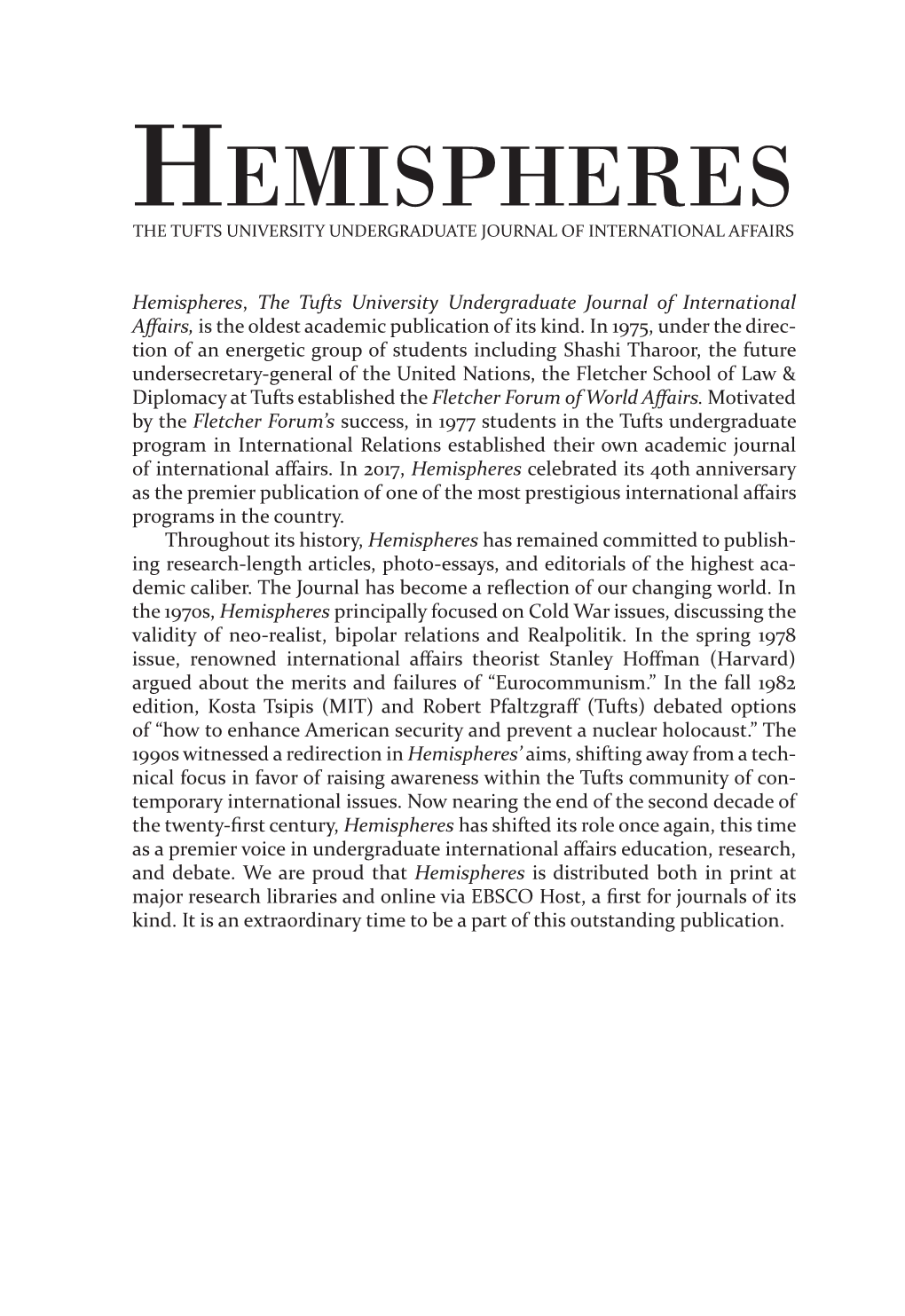 Hemispheres the Tufts University Undergraduate Journal of International Affairs