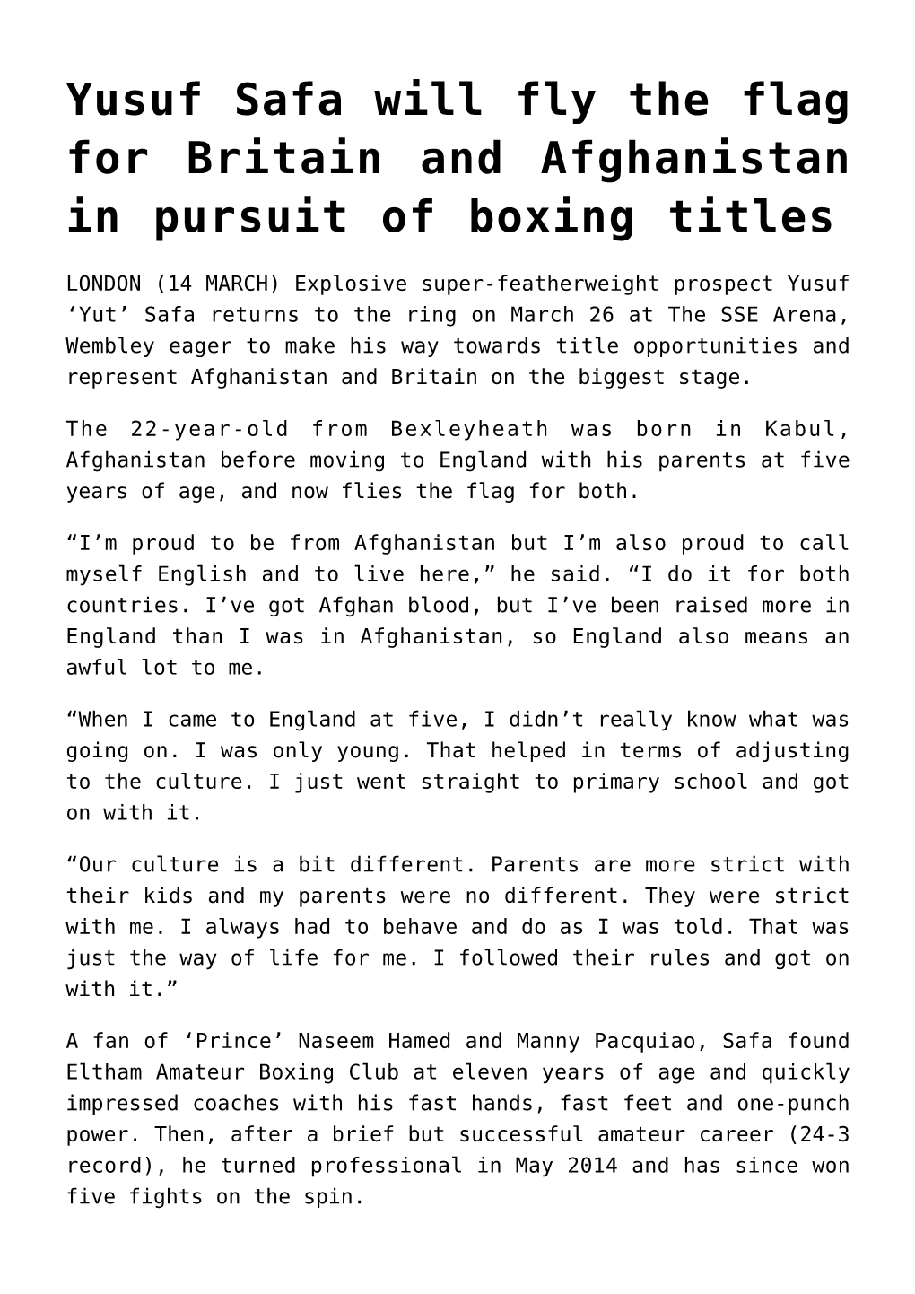 Yusuf Safa Will Fly the Flag for Britain and Afghanistan in Pursuit of Boxing Titles