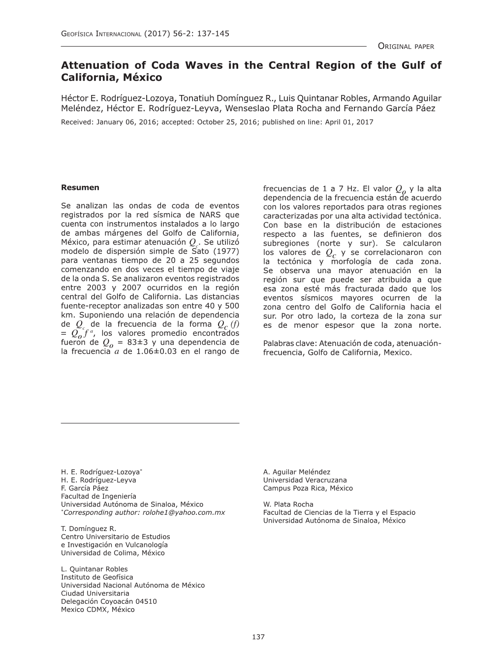 Attenuation of Coda Waves in the Central Region of the Gulf of California, México