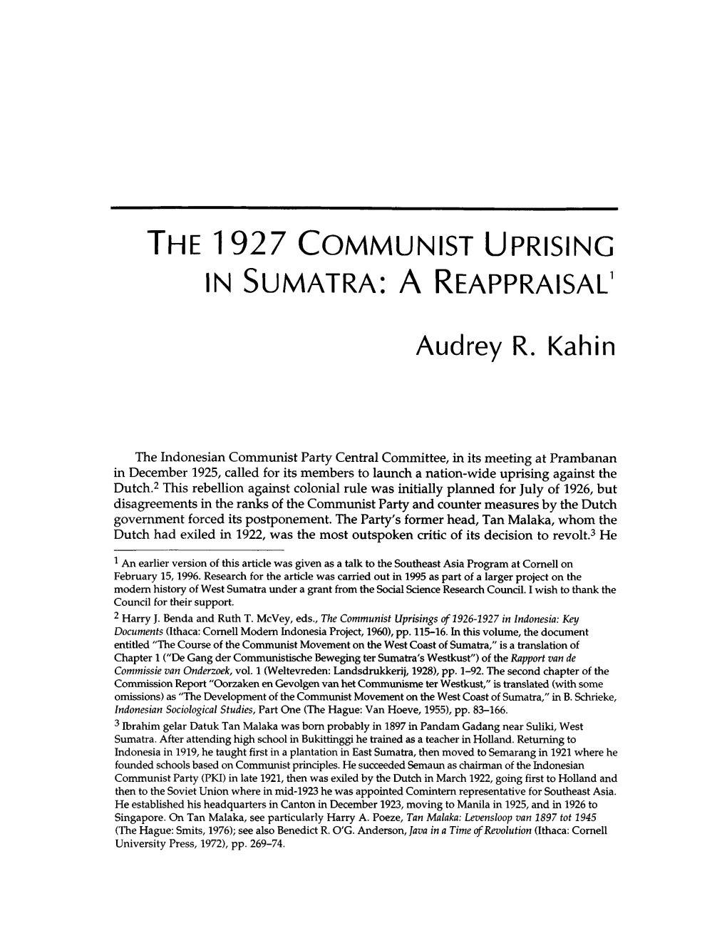 The 1927 Communist Uprising in Sumatra: a Reappraisal'