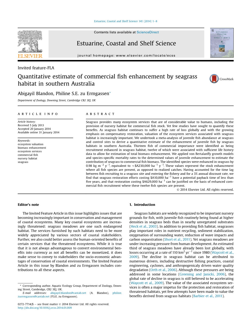 Quantitative Estimate of Commercial Fish Enhancement by Seagrass