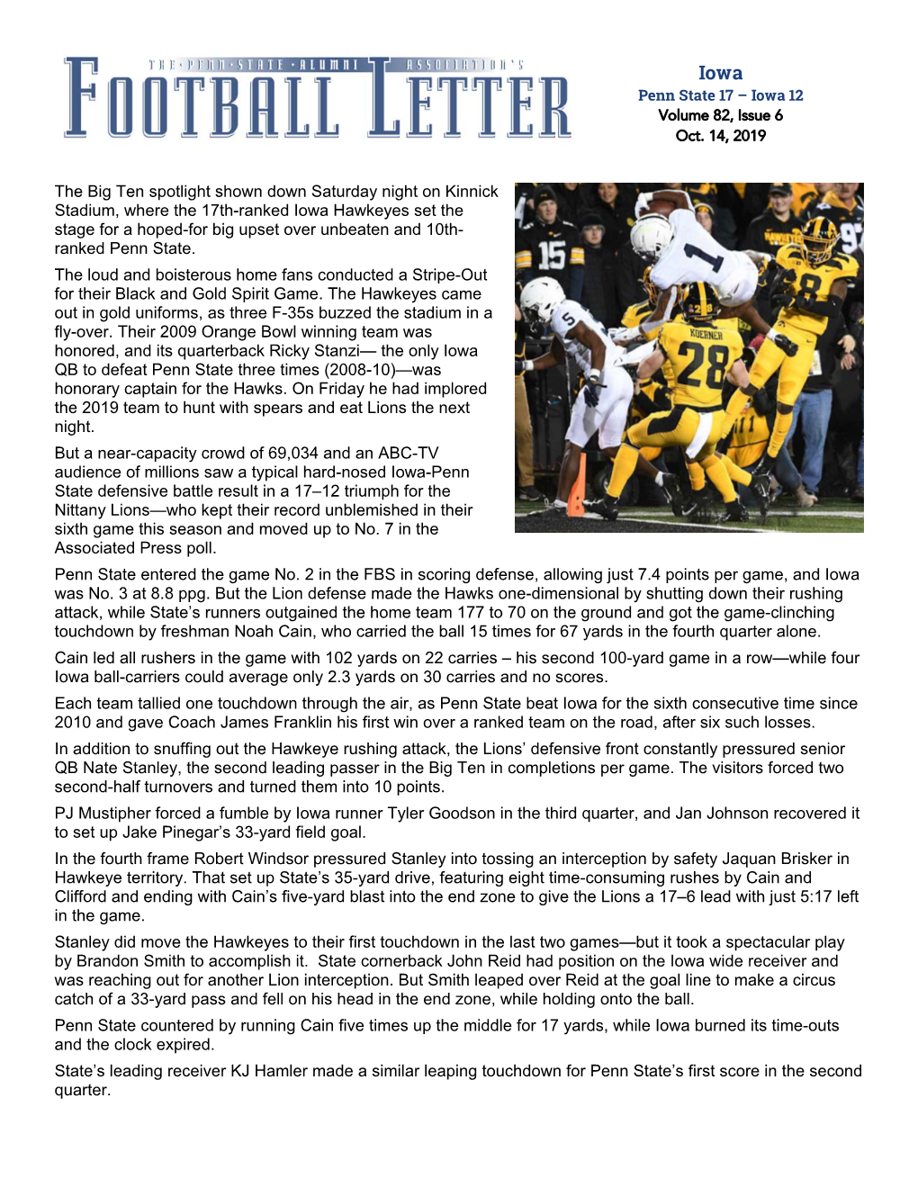 Iowa Penn State 17 – Iowa 12 Volume 82, Issue 6 Oct