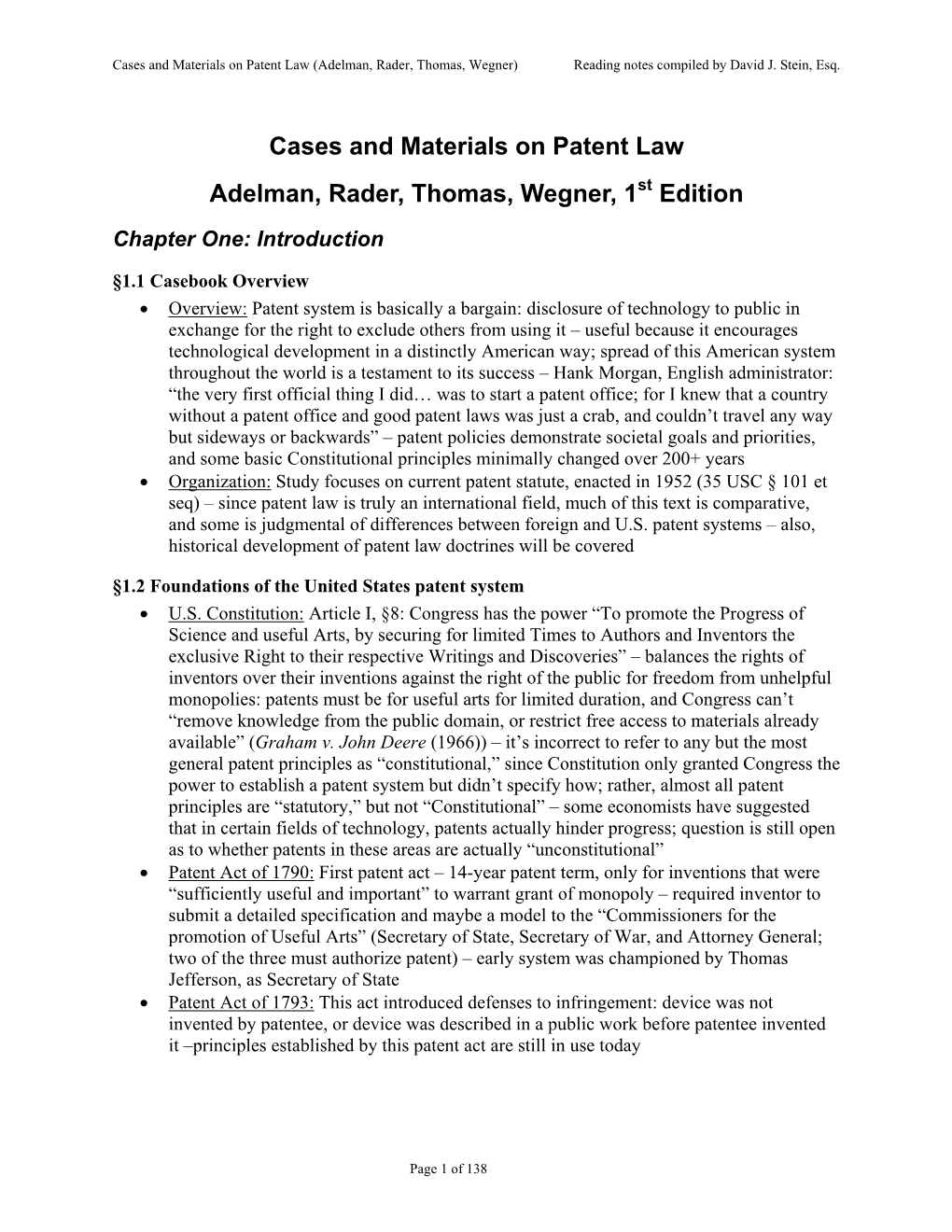 Cases and Materials on Patent Law Adelman, Rader, Thomas, Wegner, 1St Edition