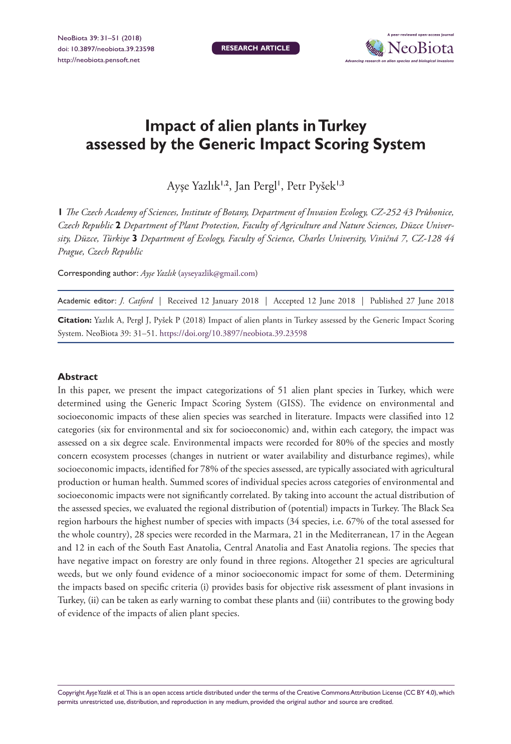 Impact of Alien Plants in Turkey Assessed by the Generic Impact Scoring System