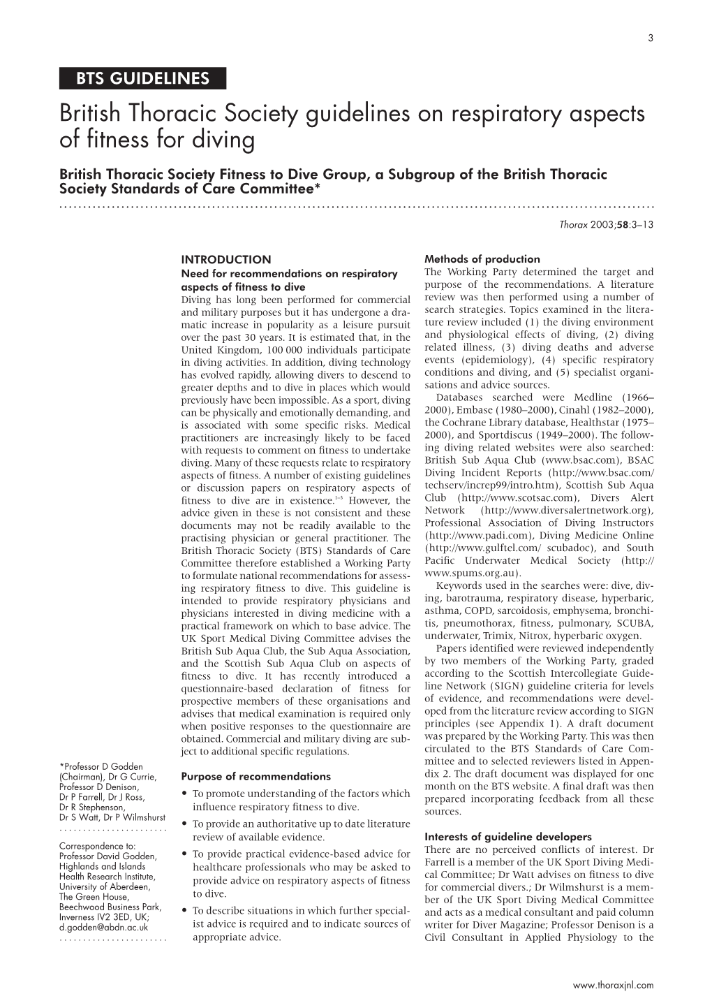 BTS Guideline on Respiratory Aspects of Fitness Diving