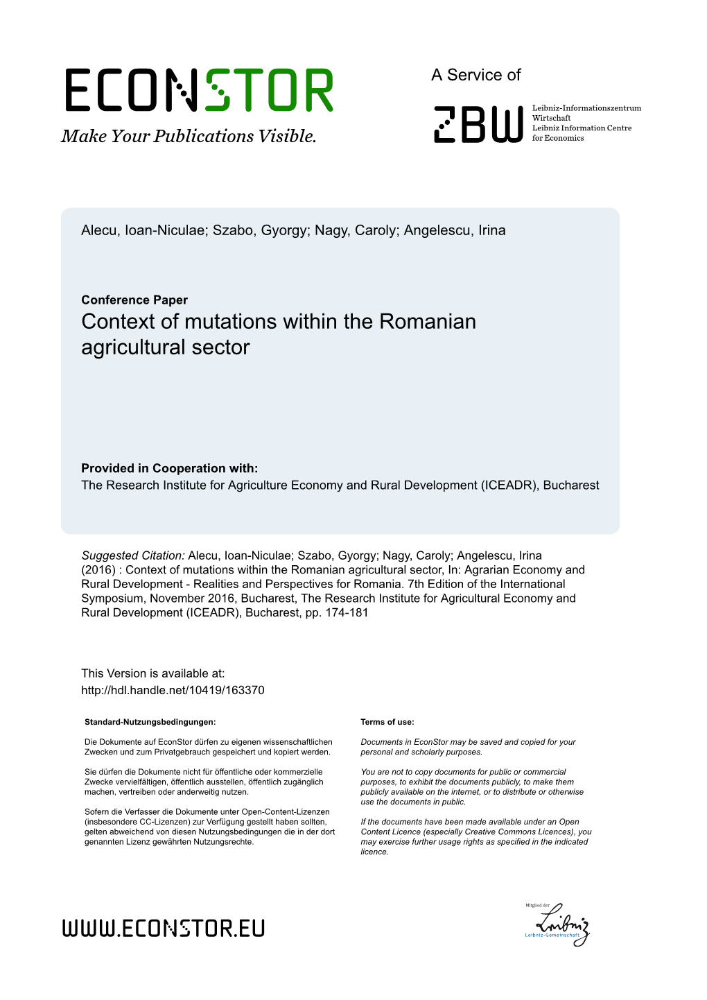 Context of Mutations Within the Romanian Agricultural Sector