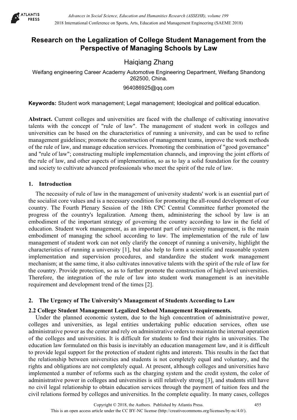 Research on the Legalization of College Student Management from the Perspective of Managing Schools by Law