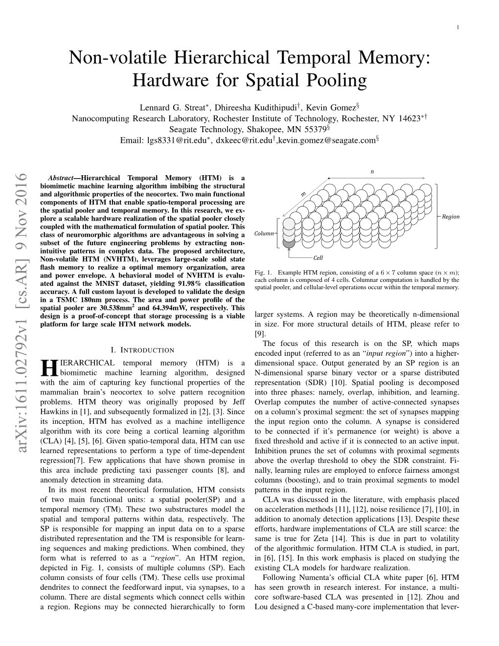 Non-Volatile Hierarchical Temporal Memory: Hardware for Spatial Pooling