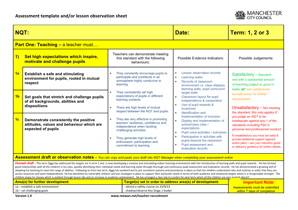 Assessment Draft And/Or Lesson Observation Sheet