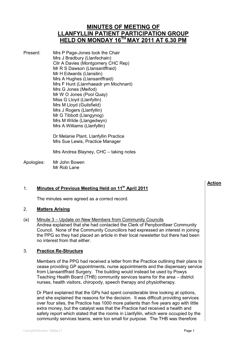 Minutes of Meeting of Llanfyllin Patient Participation Group Held on Monday 16Th May 2011 at 6.30 Pm