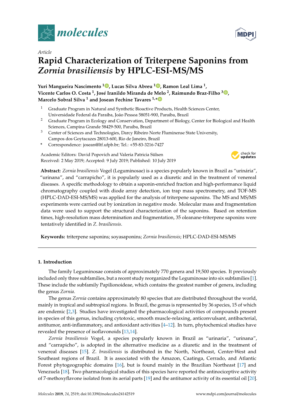 Rapid Characterization of Triterpene Saponins from Zornia Brasiliensis by HPLC-ESI-MS/MS