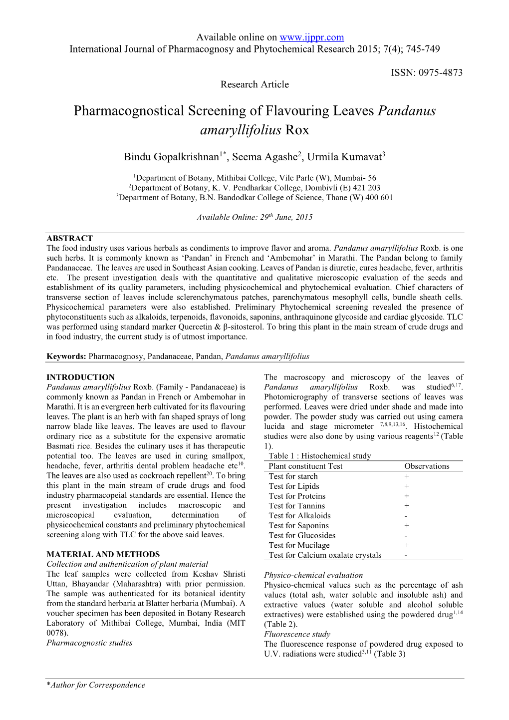 Pharmacognostical Screening of Flavouring Leaves Pandanus Amaryllifolius Rox