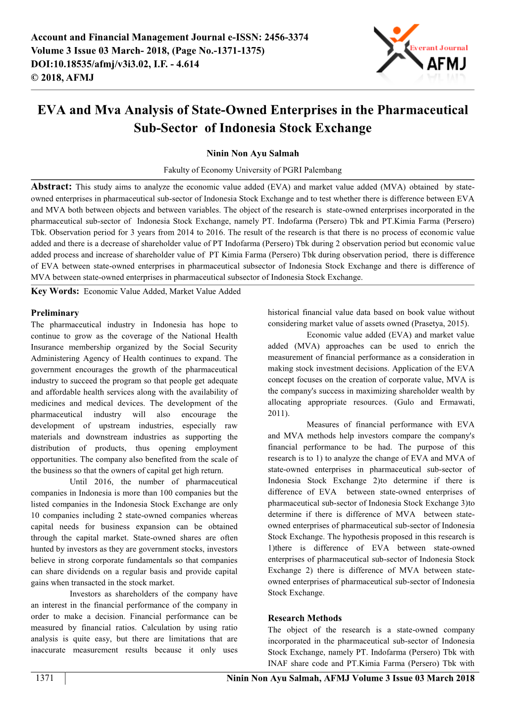 EVA and Mva Analysis of State-Owned Enterprises in the Pharmaceutical Sub-Sector of Indonesia Stock Exchange