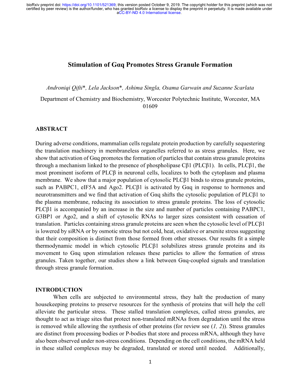 Stimulation of Gαq Promotes Stress Granule Formation