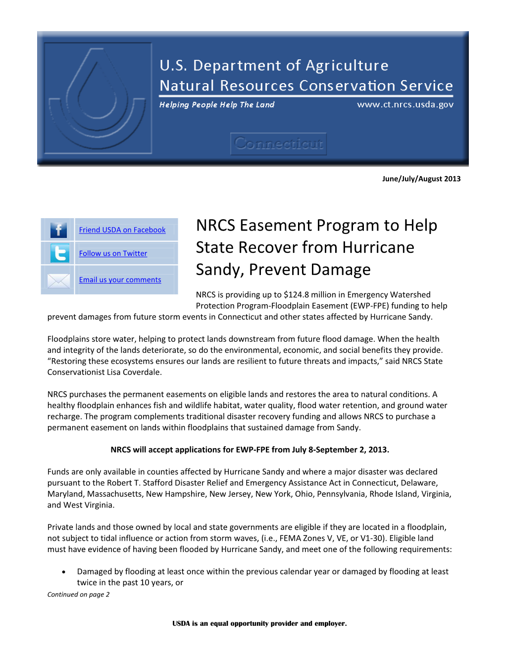 NRCS Easement Program to Help State Recover from Hurricane Sandy, Prevent