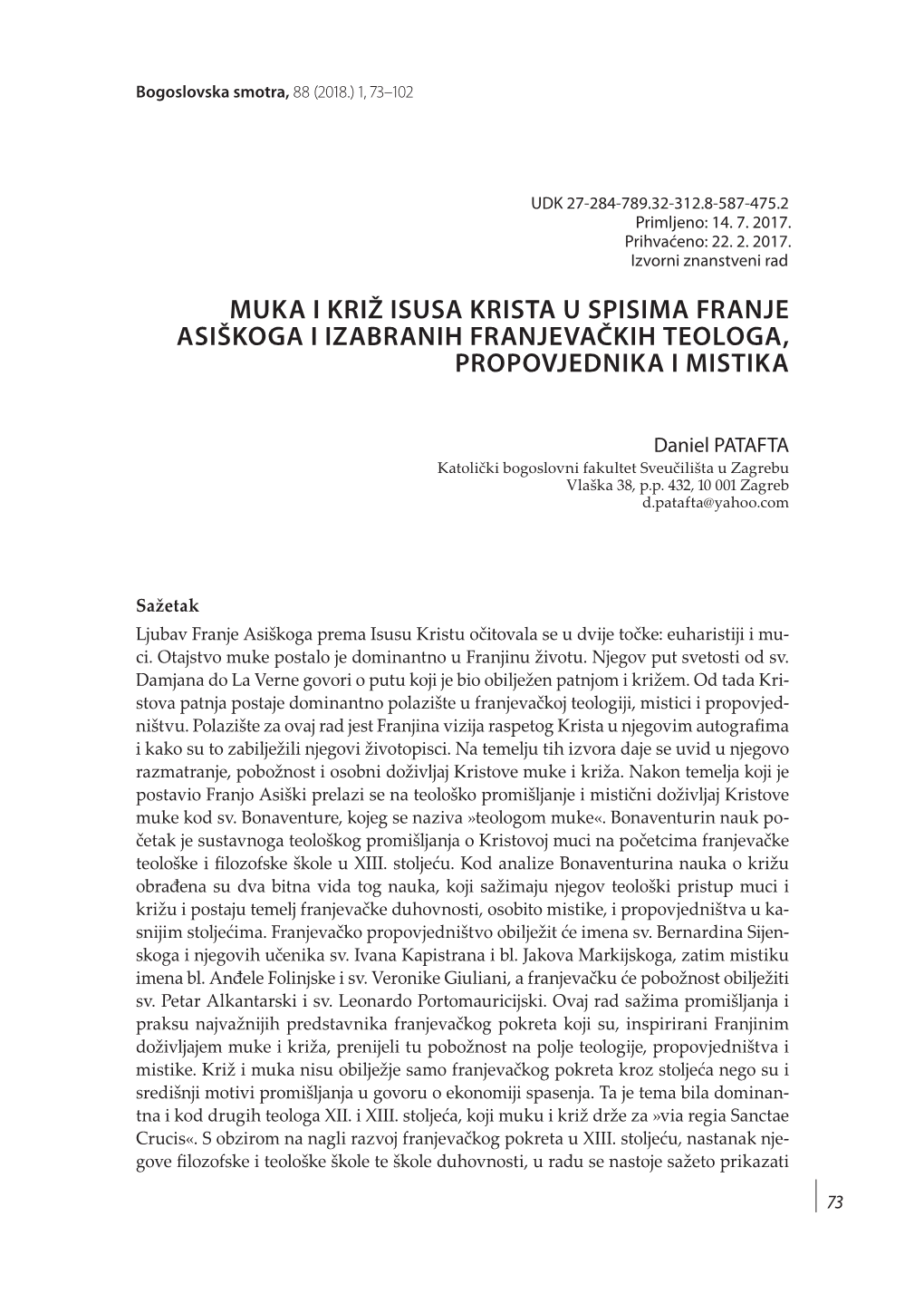 Muka I Križ Isusa Krista U Spisima Franje Asiškoga I Izabranih Franjevačkih Teologa, Propovjednika I Mistika