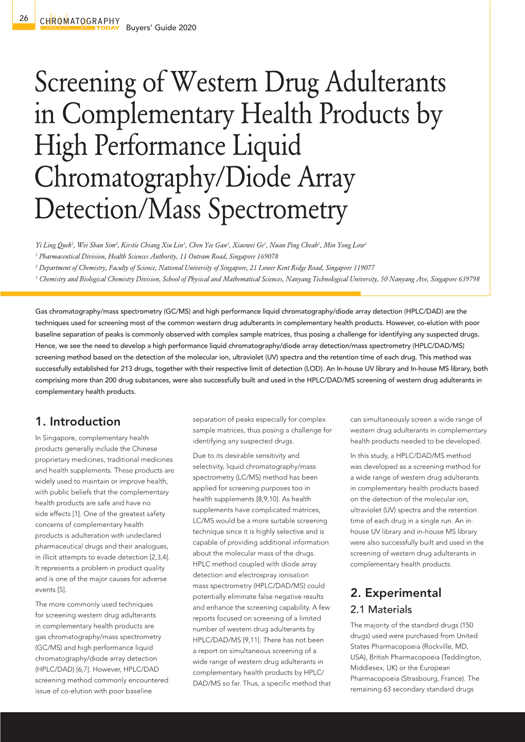 Screening of Western Drug Adulterants in Complementary Health Products by High Performance Liquid Chromatography/Diode Array Detection/Mass Spectrometry