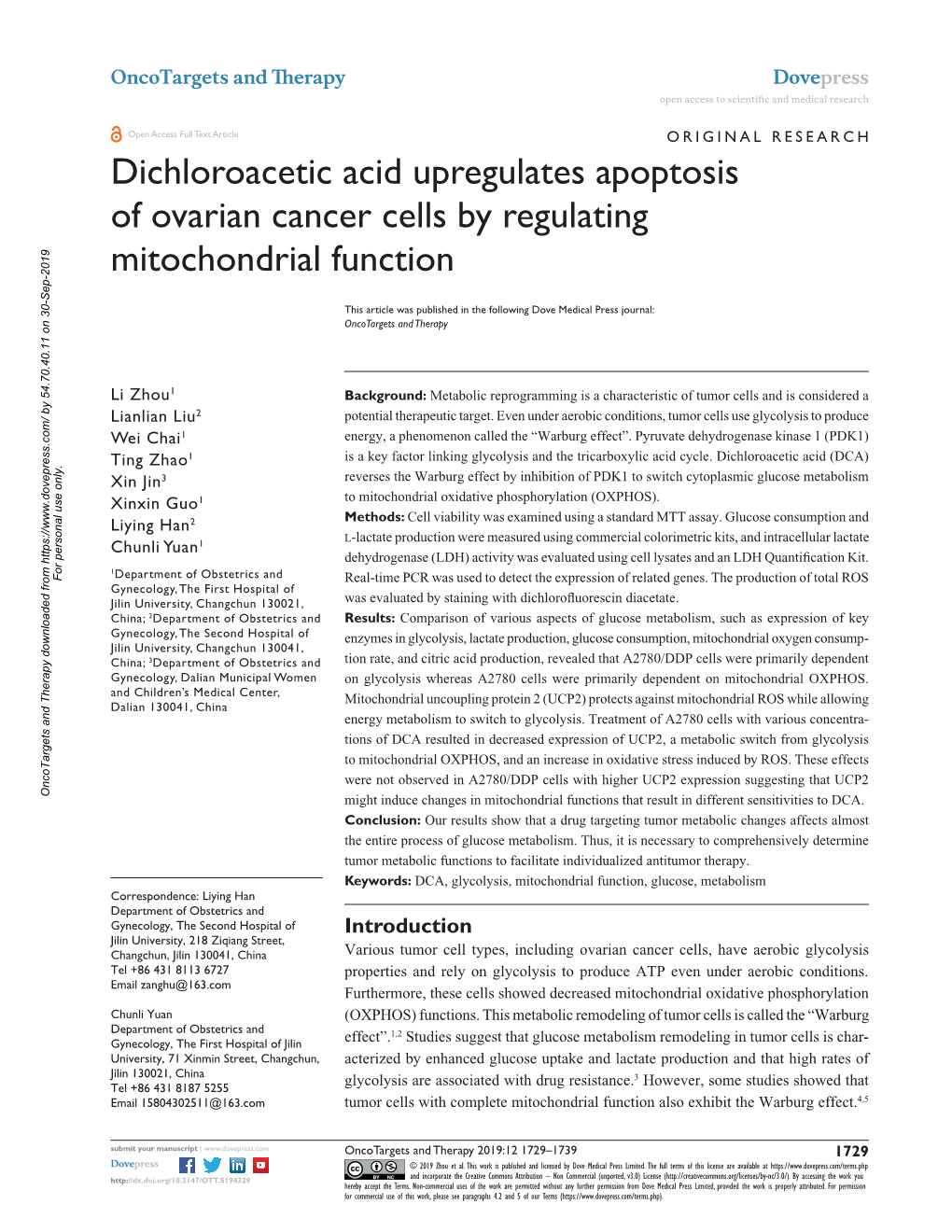 Dichloroacetic Acid Upregulates Apoptosis of Ovarian Cancer Cells by Regulating Mitochondrial Function