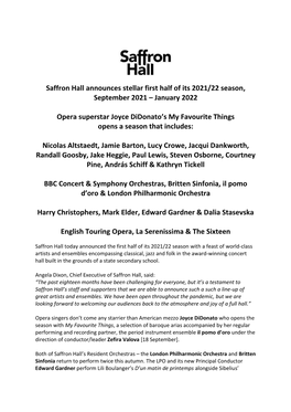Saffron Hall Announces Stellar First Half of Its 2021/22 Season, September 2021 – January 2022