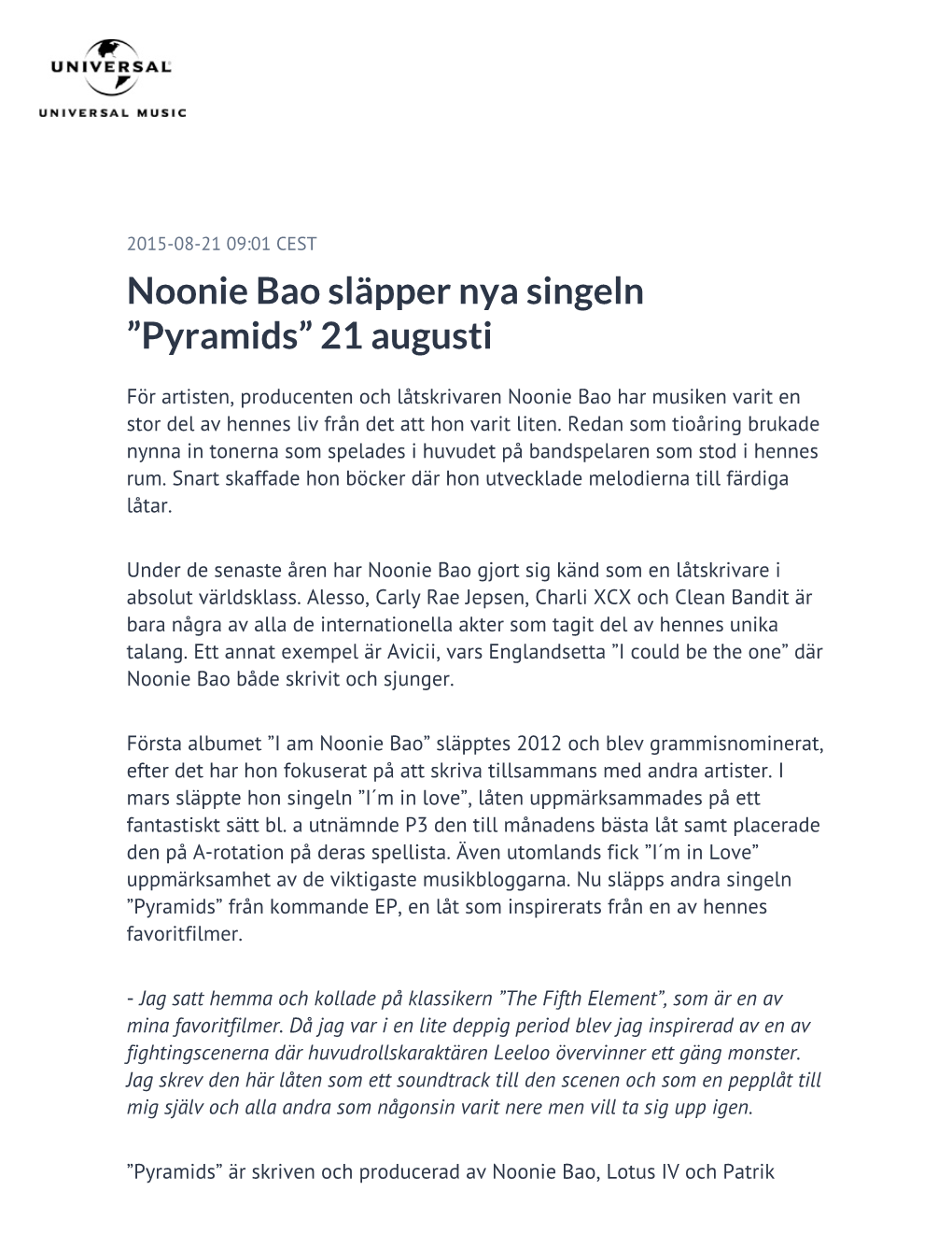 Noonie Bao Släpper Nya Singeln ”Pyramids” 21 Augusti