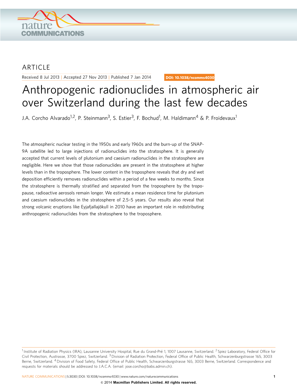 Anthropogenic Radionuclides in Atmospheric Air Over Switzerland During the Last Few Decades