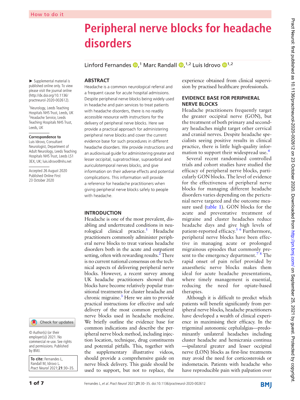 Peripheral Nerve Blocks for Headache Disorders