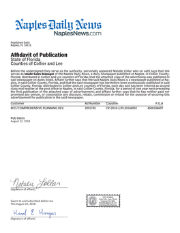 Affidavit of Publication State of Florida Counties of Collier and Lee