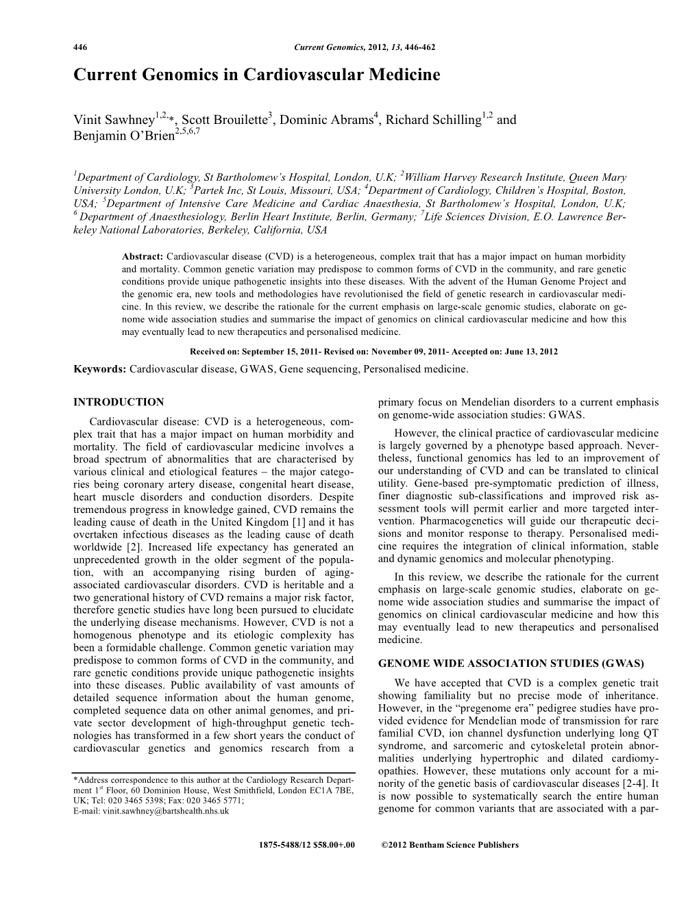 Current Genomics in Cardiovascular Medicine