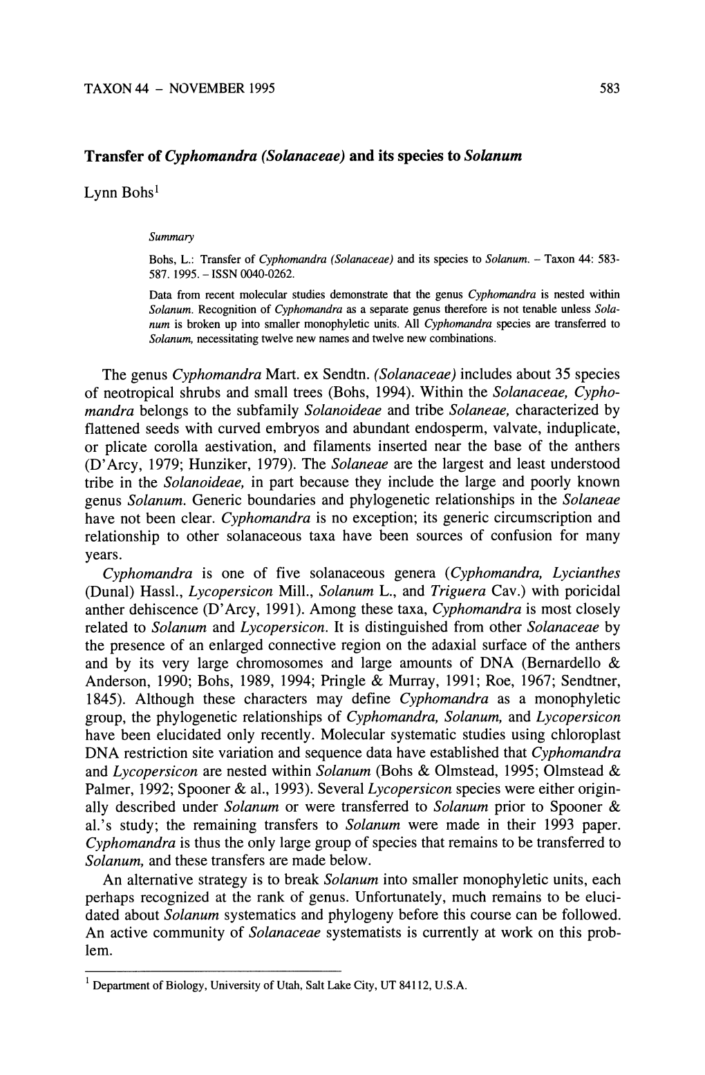 Transfer of Cyphomandra (Solanaceae) and Its Species to Solanum