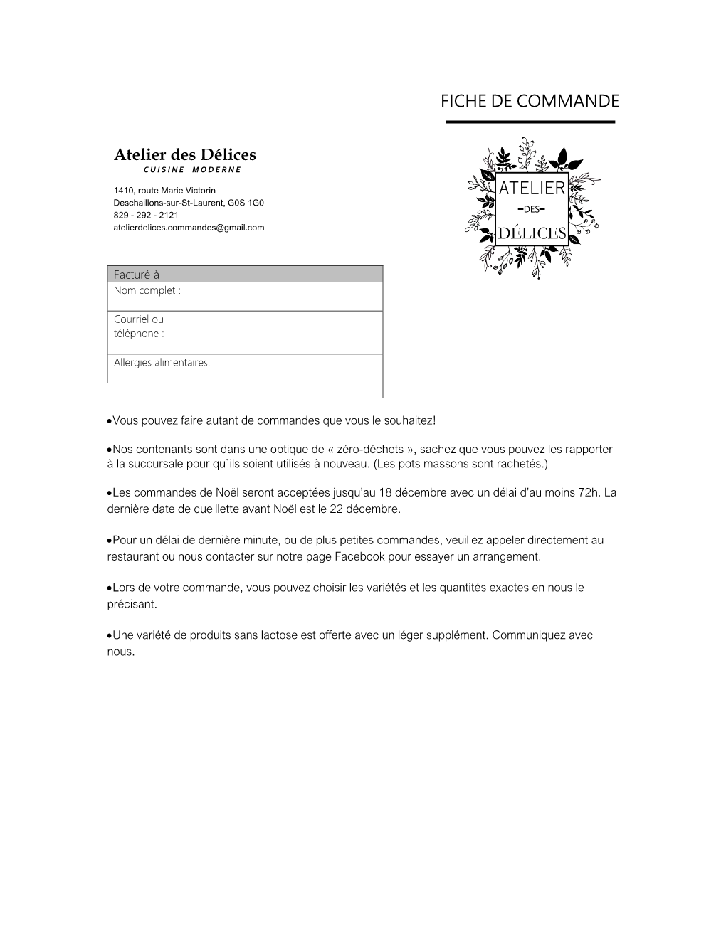 FICHE DE COMMANDE Atelier Des Délices