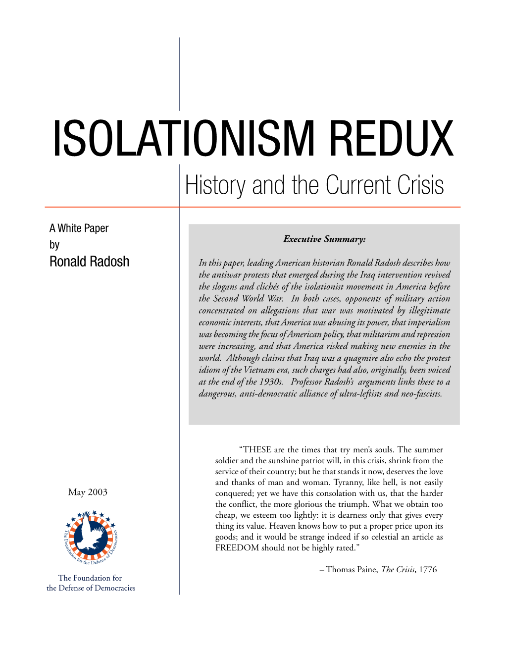 ISOLATIONISM REDUX History and the Current Crisis