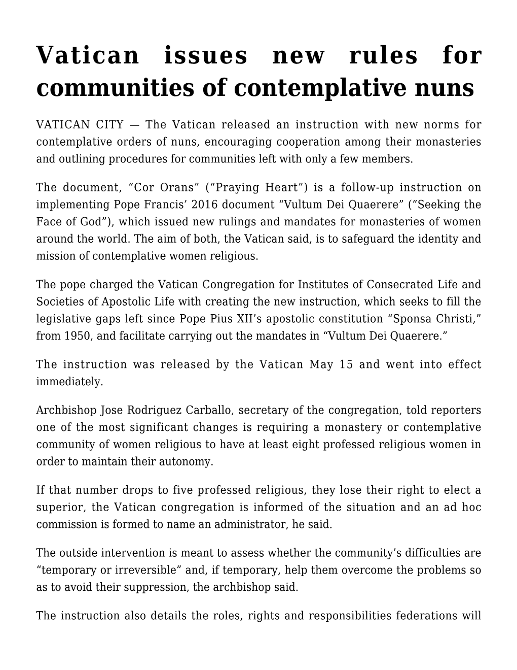 Vatican Issues New Rules for Communities of Contemplative Nuns