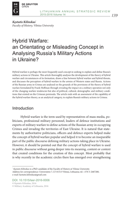 Hybrid Warfare: an Orientating Or Misleading Concept in Analysing Russia's Military Actions in Ukraine?