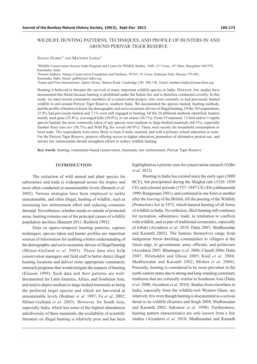 Wildlife Hunting Patterns, Techniques, and Profile of Hunters in and Around Periyar Tiger Reserve