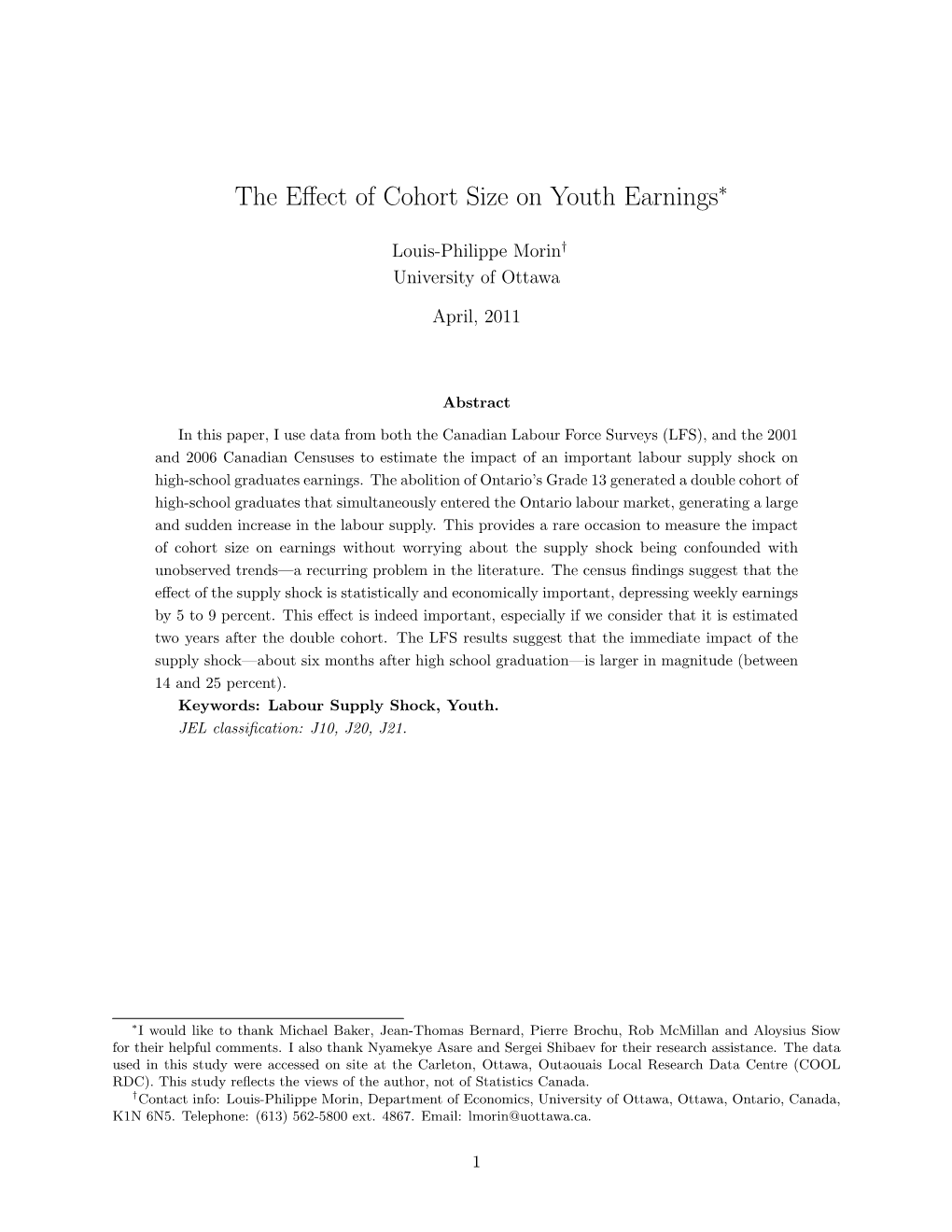 The Effect of Cohort Size on Youth Earnings