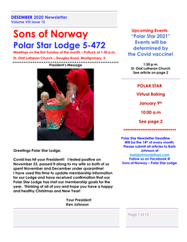 Sons of Norway “Polar Star 2021” Events Will Be Polar Star Lodge 5-472 Determined by Meetings on the First Sunday of the Month – Potluck at 1:30 P.M