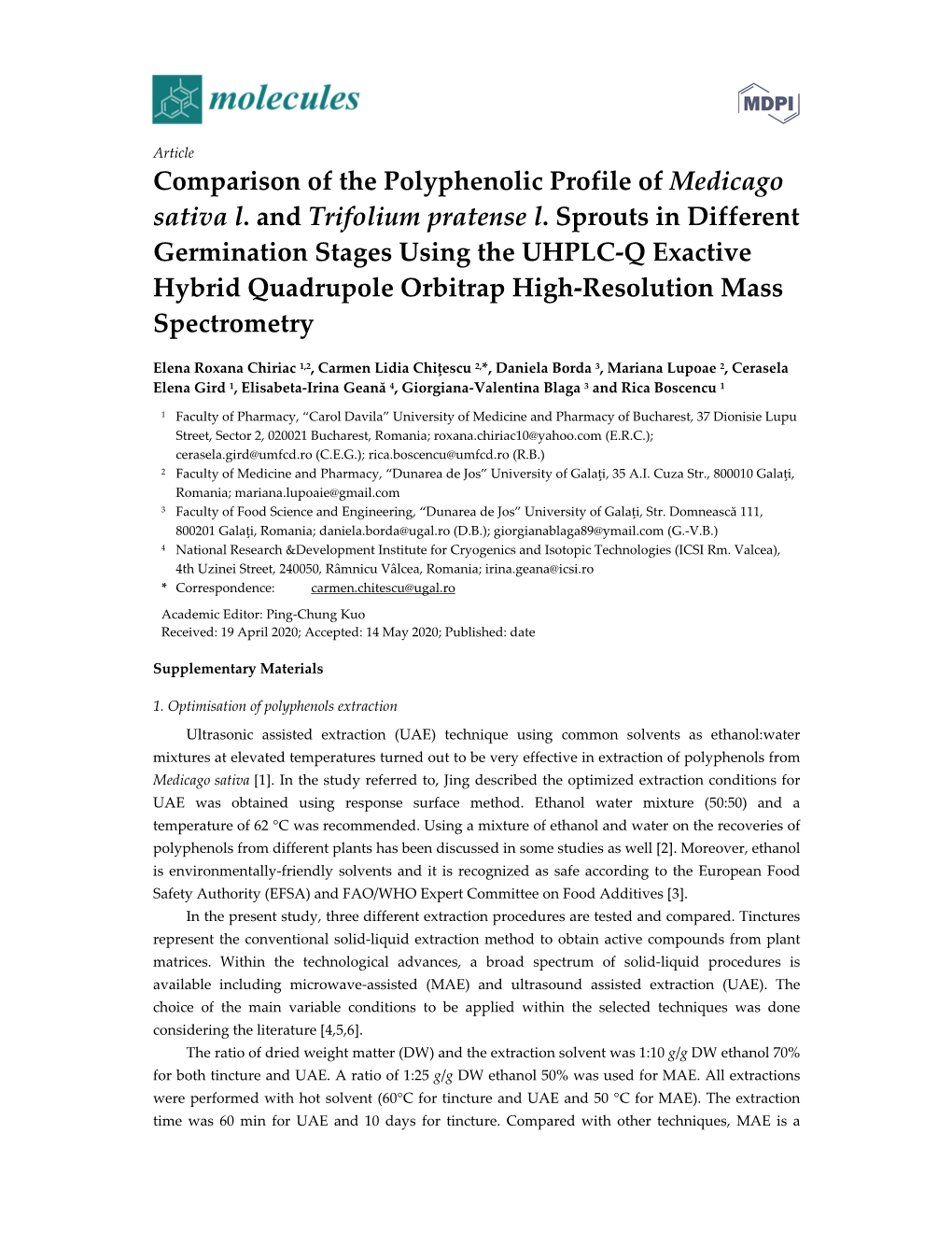 Comparison of the Polyphenolic Profile of Medicago Sativa L