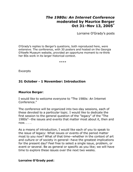 The 1980S: an Internet Conference Moderated by Maurice Berger Oct 31–Nov 13, 2005*