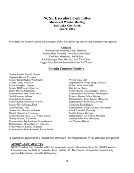 NCSL Executive Committee Minutes of Winter Meeting Salt Lake City, Utah Jan