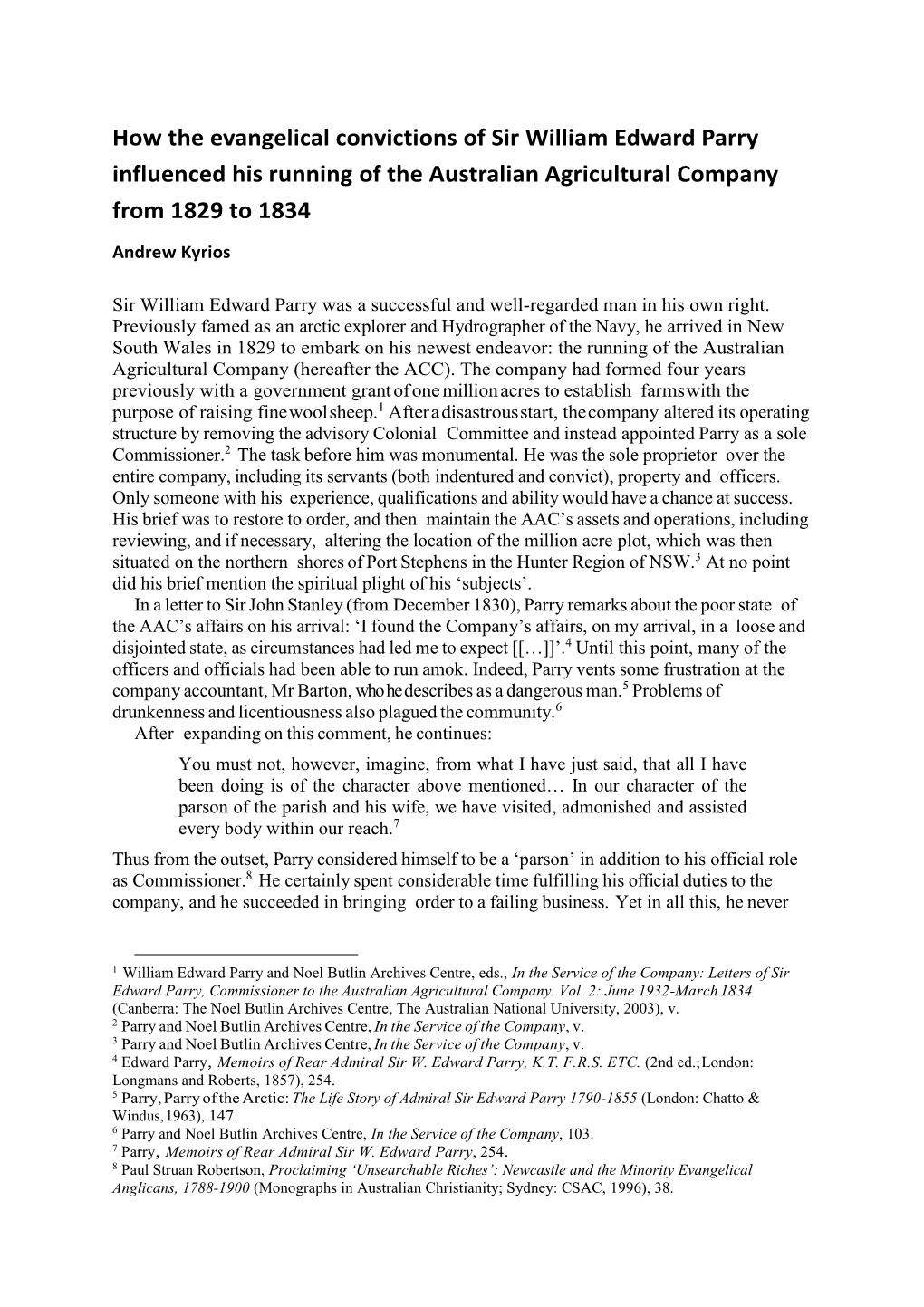 How the Evangelical Convictions of Sir William Edward Parry Influenced His Running of the Australian Agricultural Company from 1829 to 1834