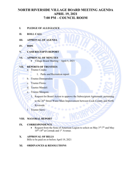North Riverside Village Board Meeting Agenda April 19, 2021 7:00 Pm – Council Room