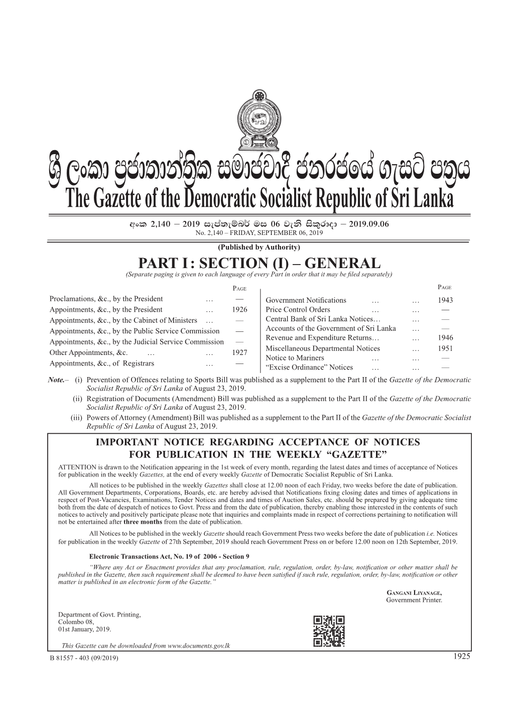 The Gazette of the Democratic Socialist Republic of Sri Lanka Wxl 2"140 – 2019 Iema;Eïn¾ Ui 06 Jeks Isl=Rdod – 2019'09'06 No