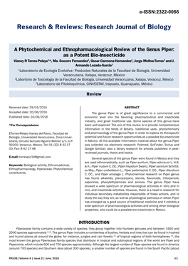 A Phytochemical and Ethnopharmacological Review of the Genus Piper: As a Potent Bio-Insecticide Vianey R Torres-Pelayo1*, Ma