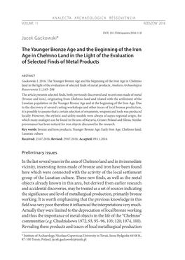The Younger Bronze Age and the Beginning of the Iron Age in Chełmno Land in the Light of the Evaluation of Selected Finds of Metal Products
