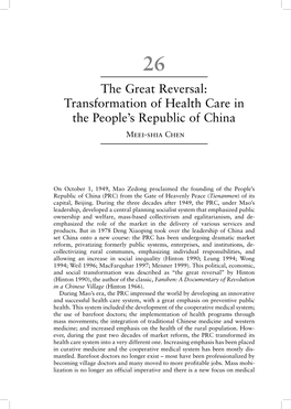 Transformation of Health Care in the People's Republic of China Meei-Shia Chen