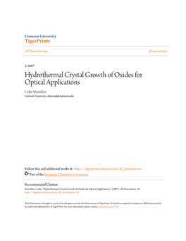 Hydrothermal Crystal Growth of Oxides for Optical Applications Colin Mcmillen Clemson University, Cdmcmil@Clemson.Edu