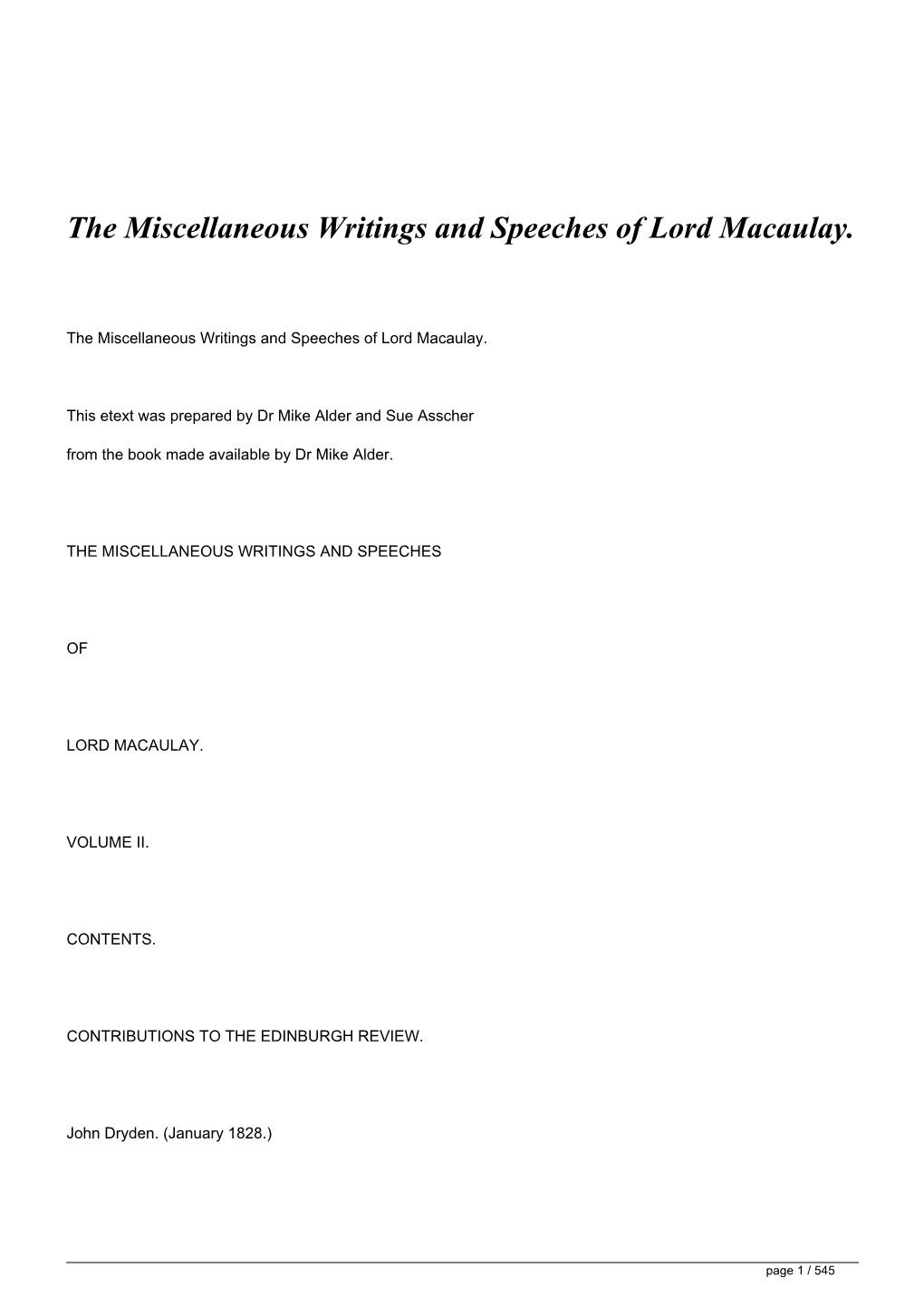 The Miscellaneous Writings and Speeches of Lord Macaulay