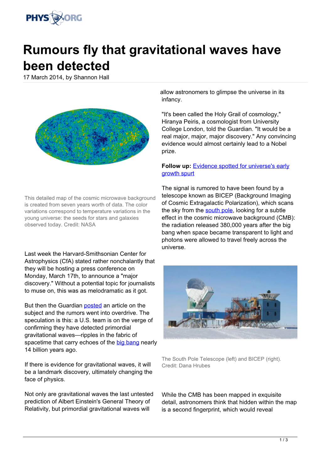 Rumours Fly That Gravitational Waves Have Been Detected 17 March 2014, by Shannon Hall